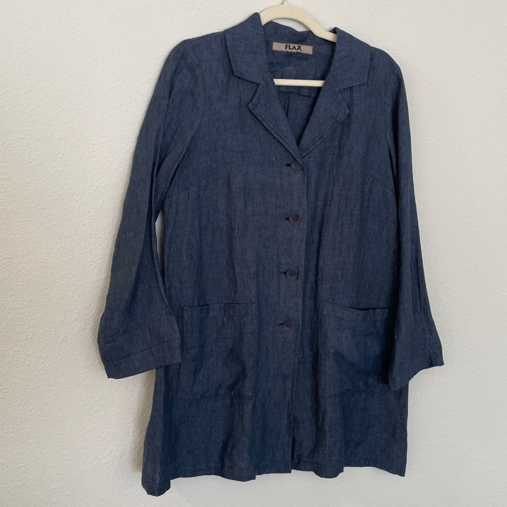 Flax blue linen longline jacket patch pockets